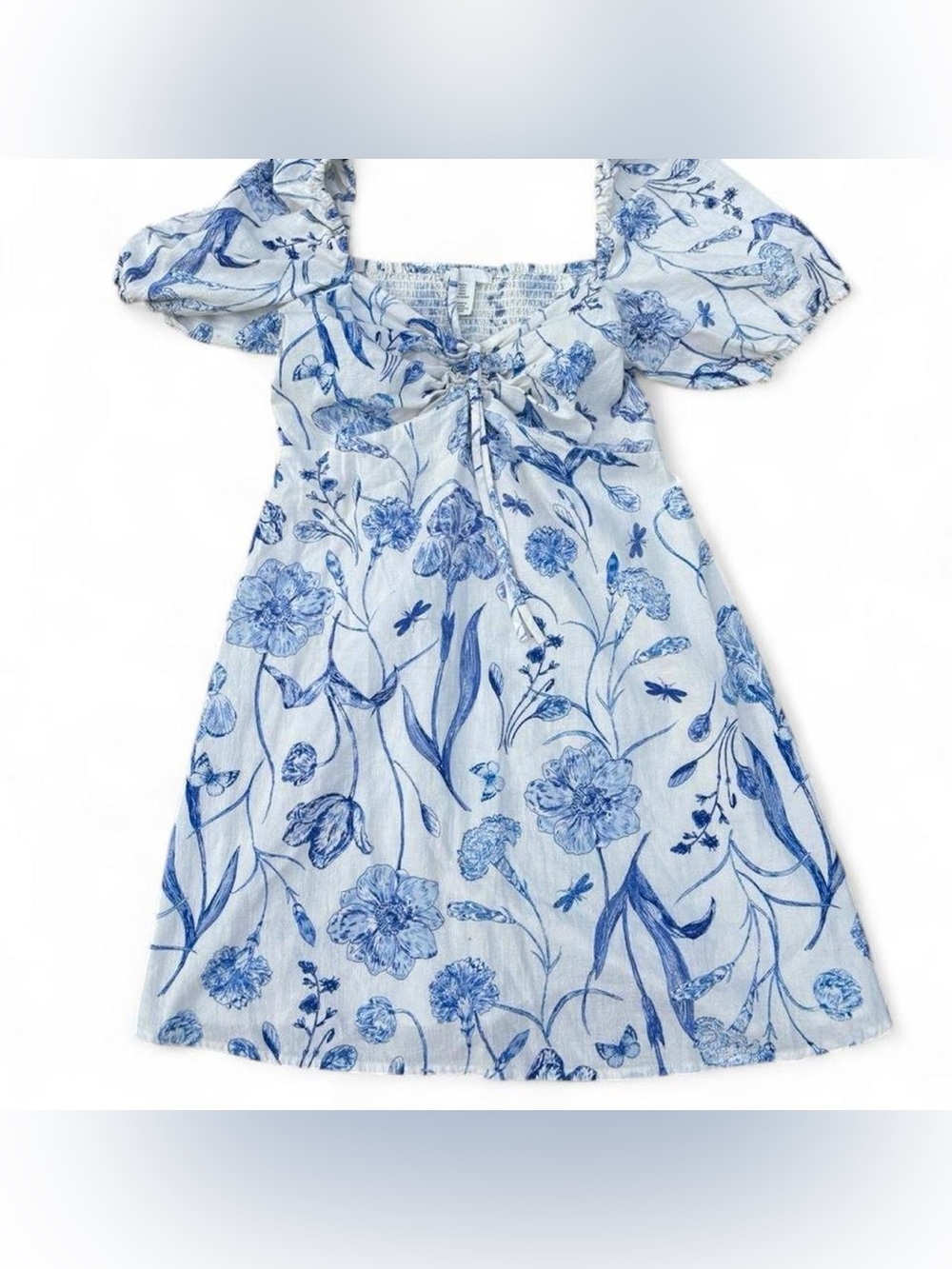 Blue Floral Puff-Sleeve Mini Dress
